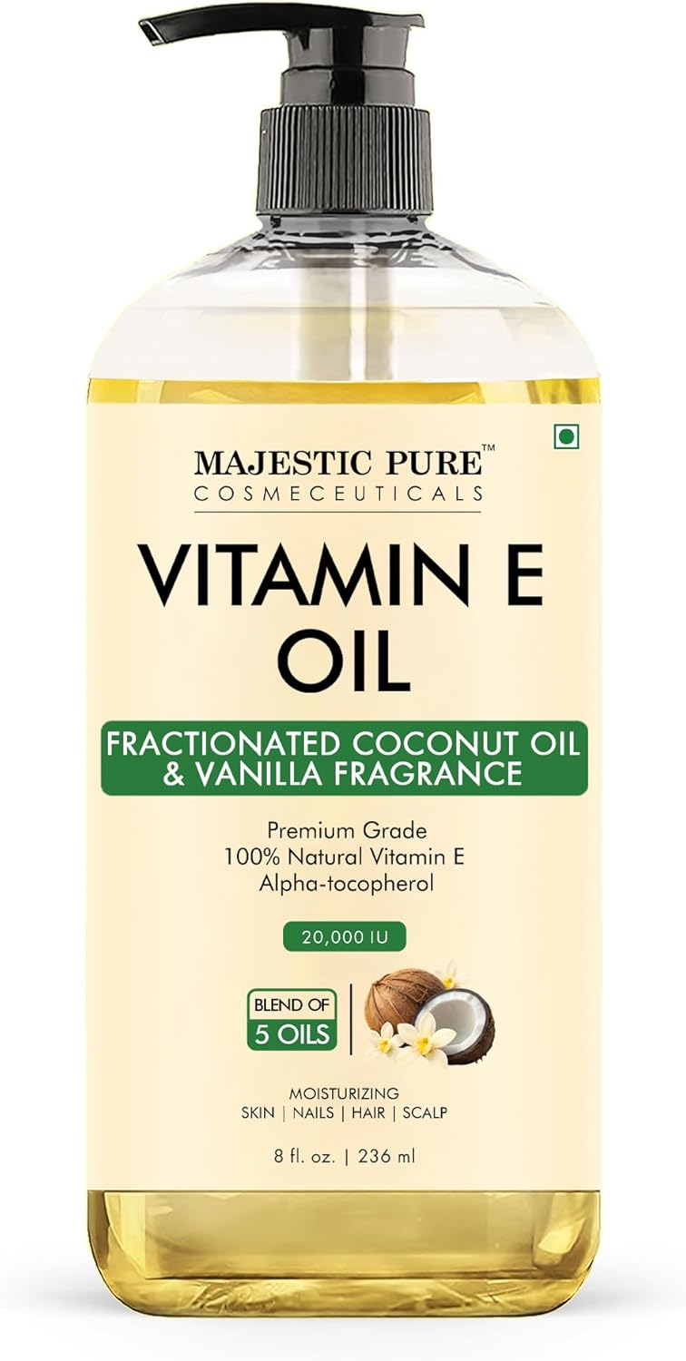 Majestic Pure Oil - 100% Pure and Natural- Cold Pressed & Hexane Free Natural Hair Growth Oil for Eyelashes, Eyebrows, Skin, Body, Face, Nails & Scalp - Coconut & Vanilla Formula Vitamin E Oil 8 Fl Oz