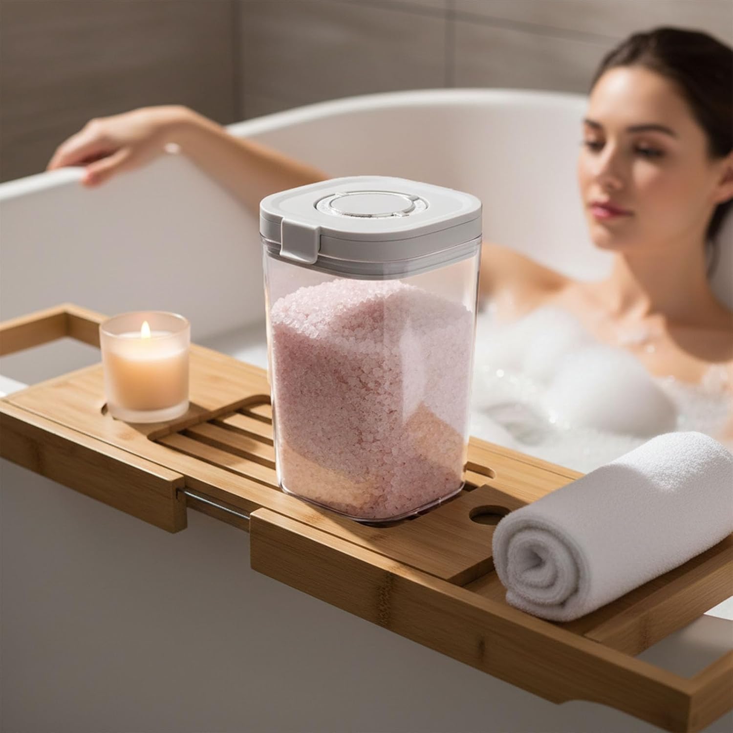 Bath Salt Container 60 Oz, Clear Bathroom Jar with Lid and Spoon for Bath Salts, Epsom Salt, Bath Accessories for Women, Bathroom Decor, Bathtub Supplies and Laundry Powder Storage