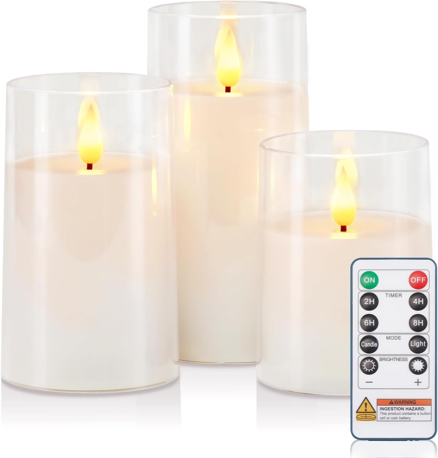 Raycare Flameless Candles Battery Operated with Remote Timer, Acrylic Flickering LED Pillar Candle for Christmas, Wedding, Home Decor, Gift for Family and Friend, White, Set of3