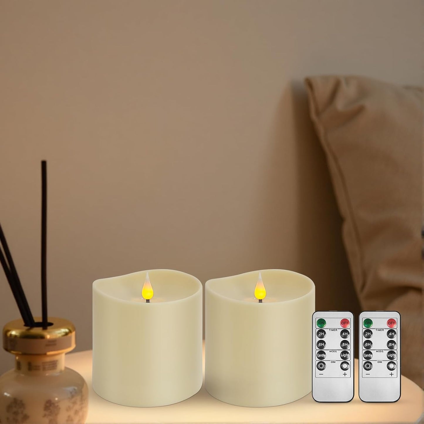 Set of 2 Flameless LED Candles with 2 Remotes, 4x4 Inch Battery Operated Plastic Pillar Candles, Realistic Flickering Flame, Timer & Dimming, Ivory – Safe & Elegant for Home and Events