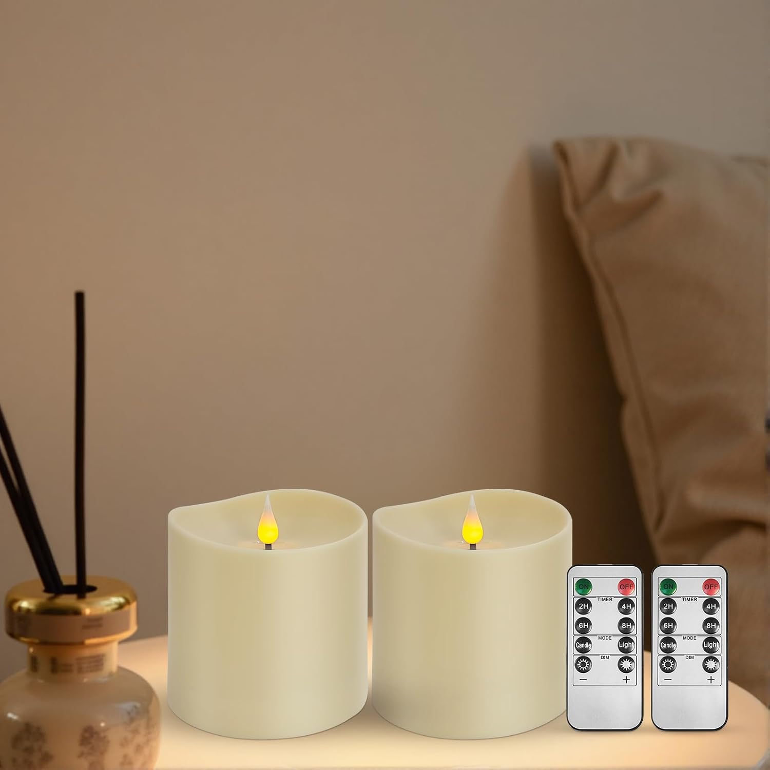 Set of 2 Flameless LED Candles with 2 Remotes, 4x4 Inch Battery Operated Plastic Pillar Candles, Realistic Flickering Flame, Timer & Dimming, Ivory – Safe & Elegant for Home and Events