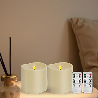 Set of 2 Flameless LED Candles with 2 Remotes, 4x4 Inch Battery Operated Plastic Pillar Candles, Realistic Flickering Flame, Timer & Dimming, Ivory – Safe & Elegant for Home and Events