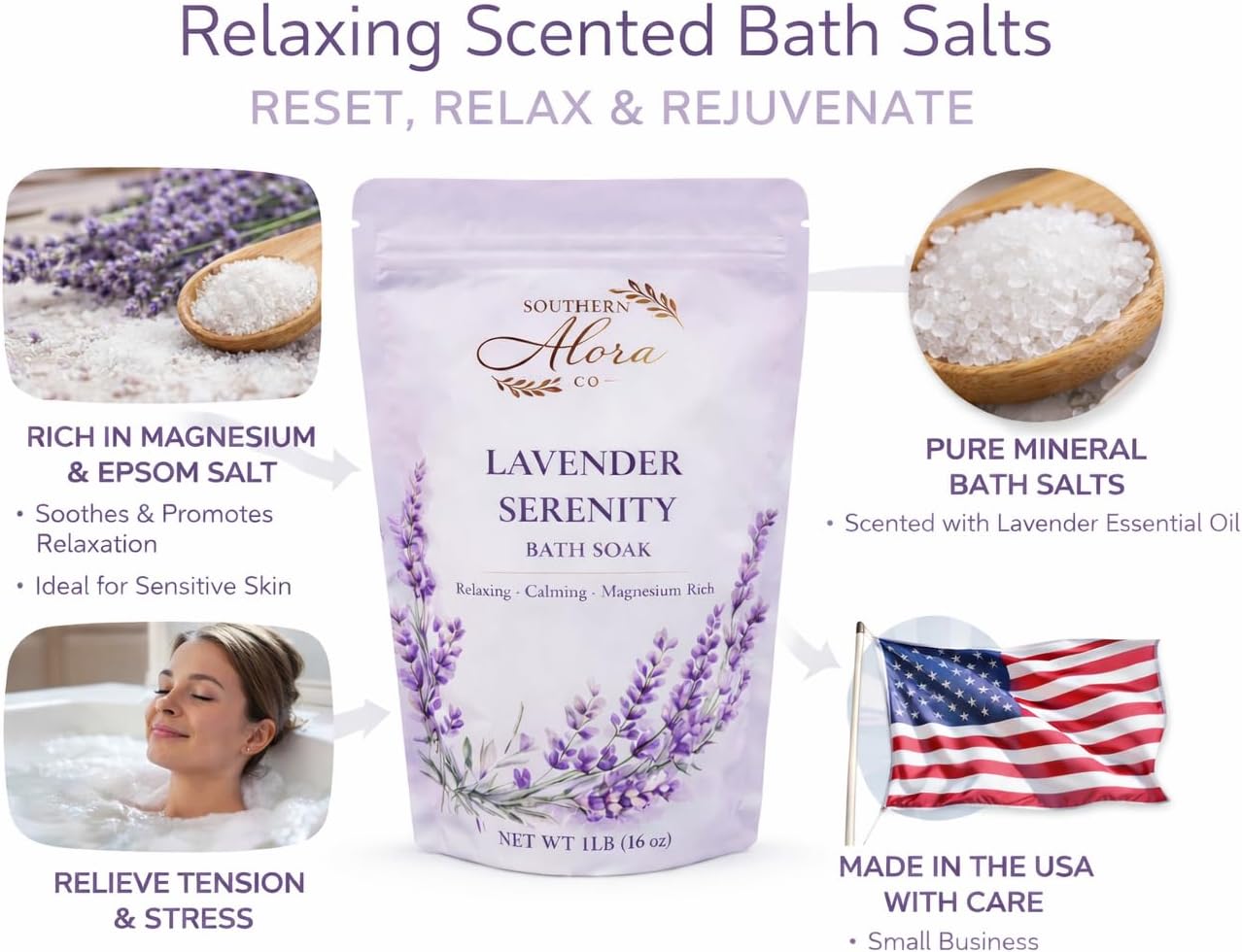 Southern Alora Lavender Bath Salts – Epsom Salt & Magnesium Bath Soak for Women Relaxing, Aromatherapy Mineral Spa Soak for Stress Relief, Muscle Recovery & Self Care