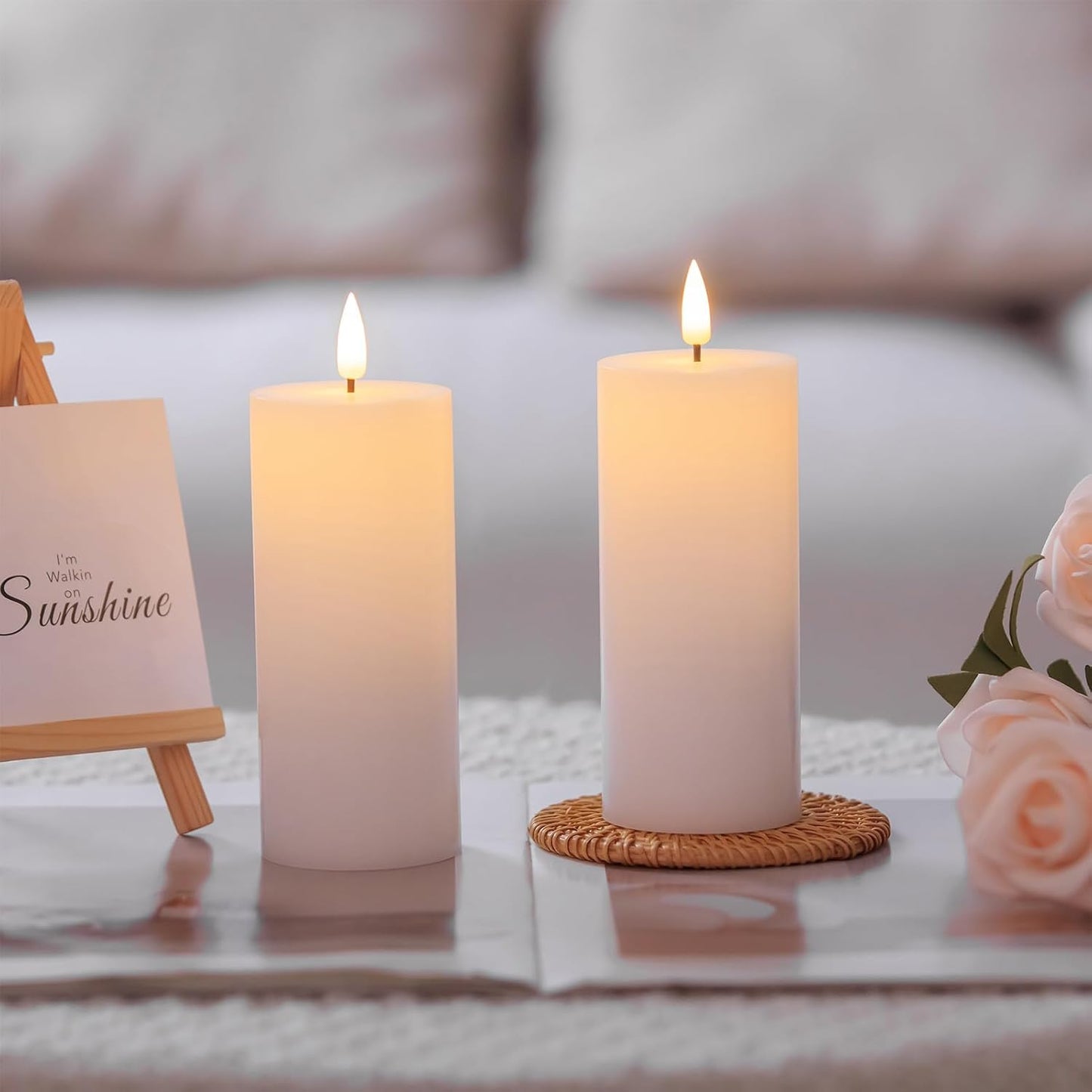 volnyus White Flameless Candles Set of 2 (2.2x5 Inch) Flickering LED Wax Candles Battery Operated with Remote Control Timers for Fireplace Bedroom Livingroom Party Dimmable Pillars Flat top