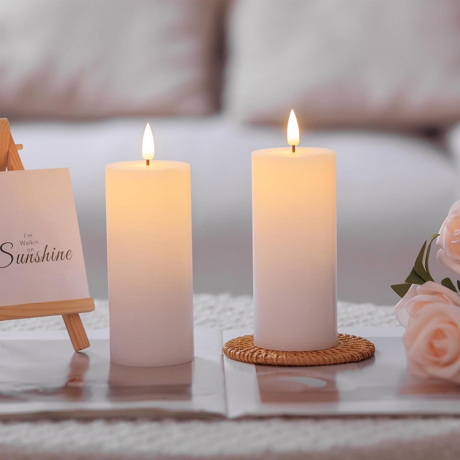 volnyus White Flameless Candles Set of 2 (2.2x5 Inch) Flickering LED Wax Candles Battery Operated with Remote Control Timers for Fireplace Bedroom Livingroom Party Dimmable Pillars Flat top