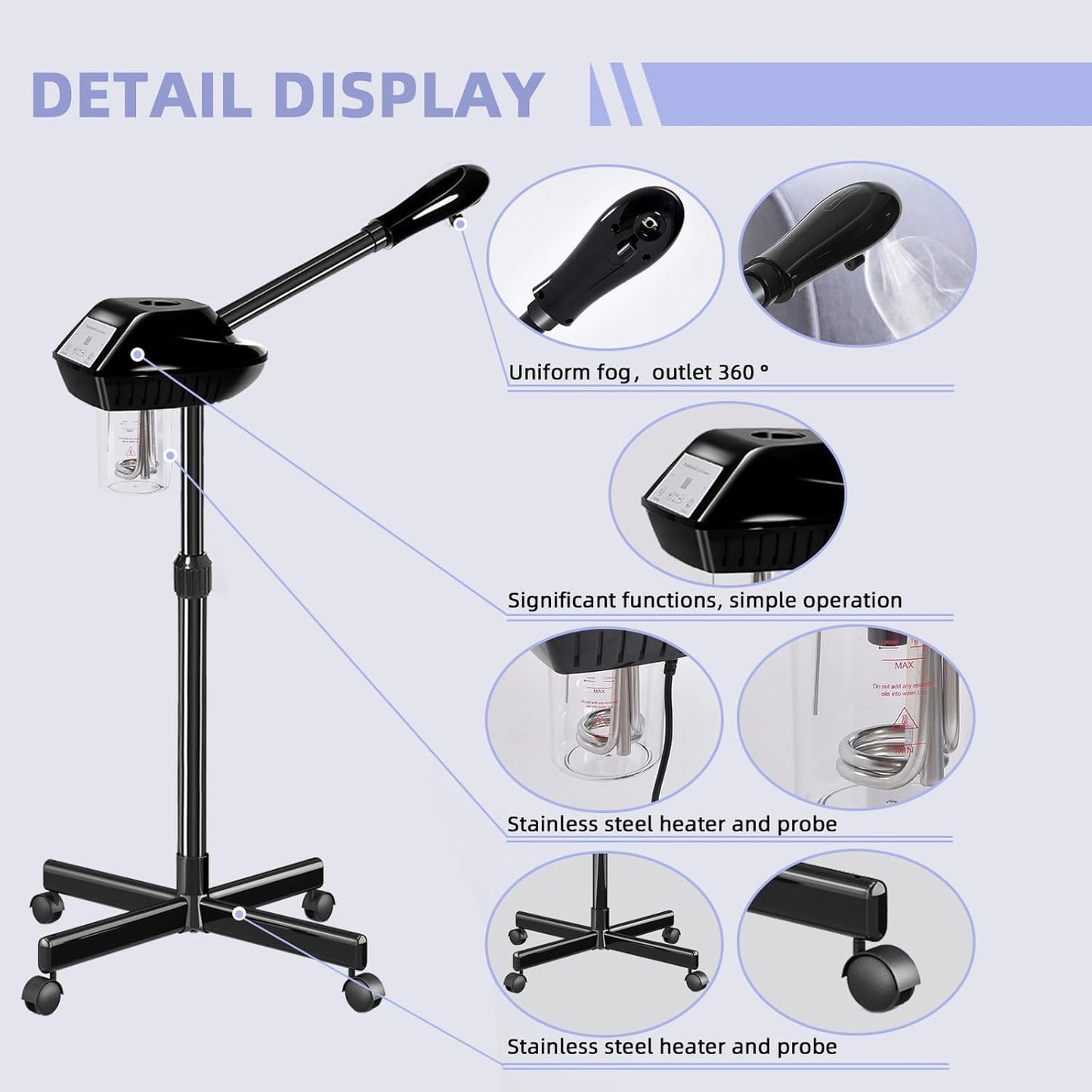 Facial Steamer Professional with More Steam for Deep Cleansing and Hydration, Face Steamer on Wheels with Time Setting, Estheticians Steamer Adjustable Height for Beauty, Spa and Home Use