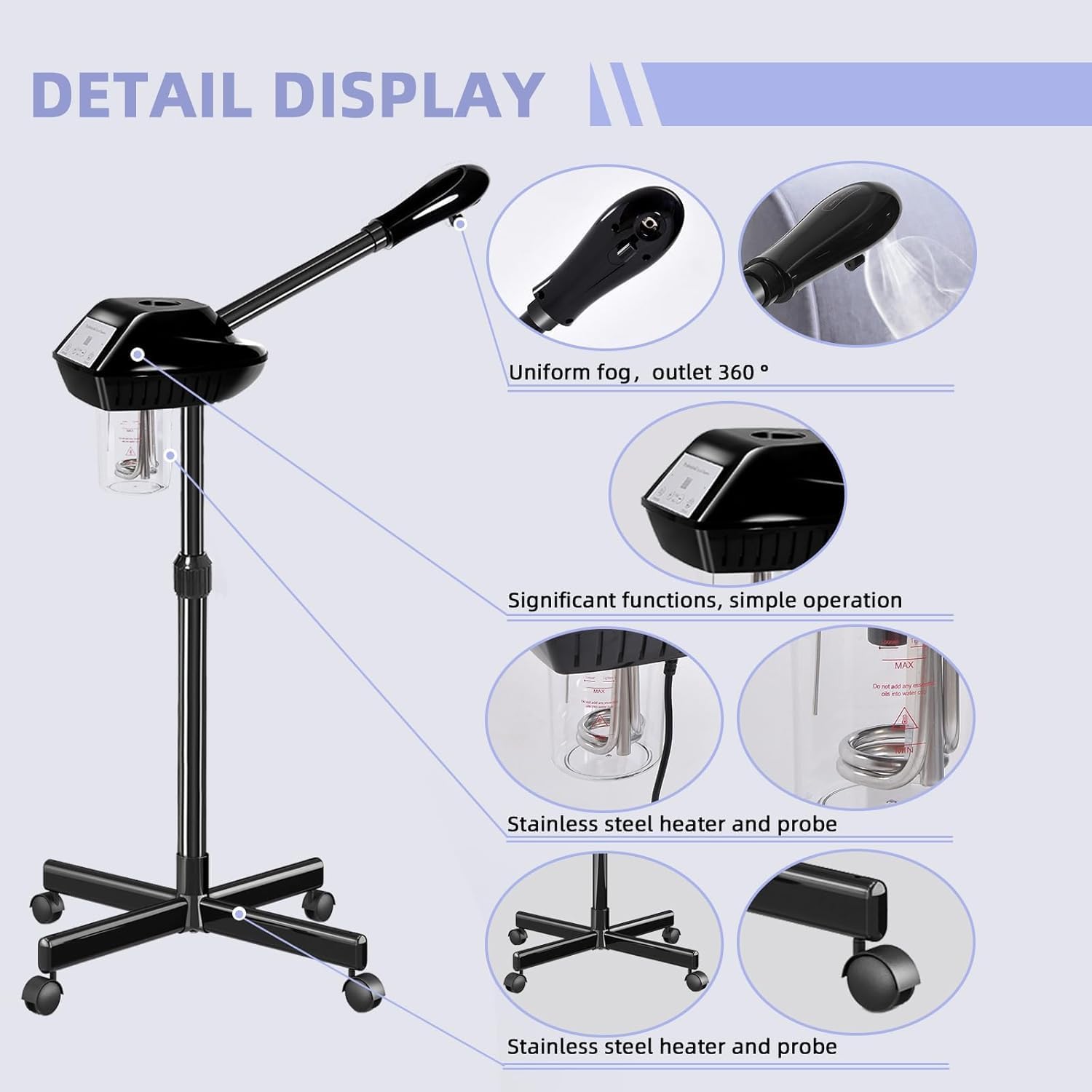 Facial Steamer Professional with More Steam for Deep Cleansing and Hydration, Face Steamer on Wheels with Time Setting, Estheticians Steamer Adjustable Height for Beauty, Spa and Home Use