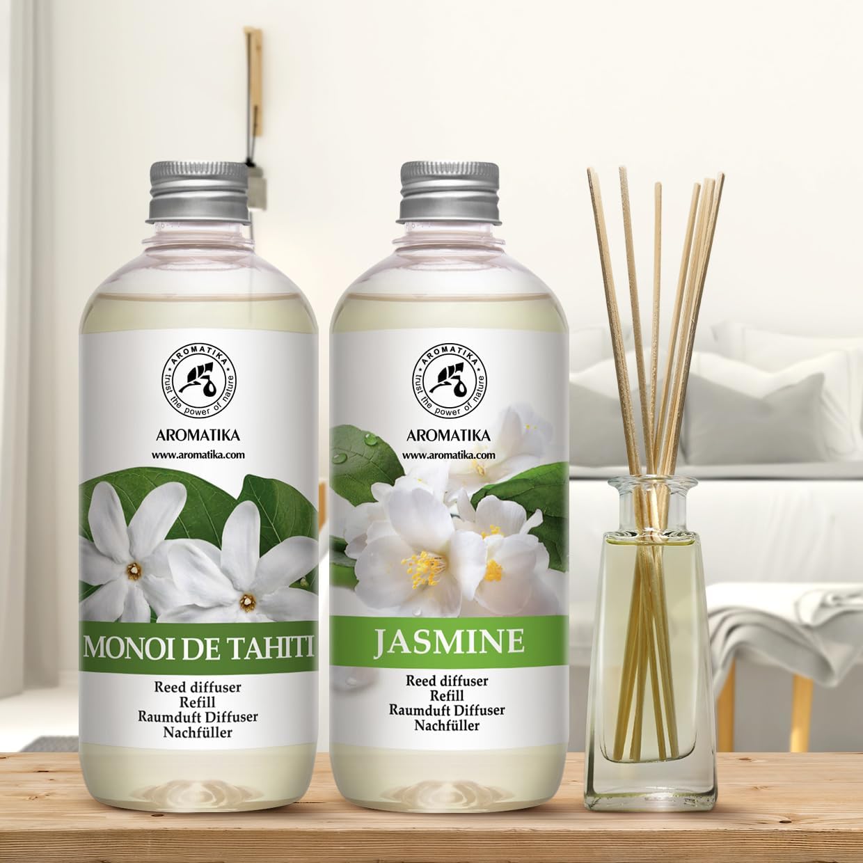 Reed Diffuser Refill Monoi de Tahiti and Jasmine Reed Diffuser Refill - 2 x 17.0 Fl Oz - Room Freshener - Fresh & Long Lasting Fragrance - for Aromatherapy - Gift Idea