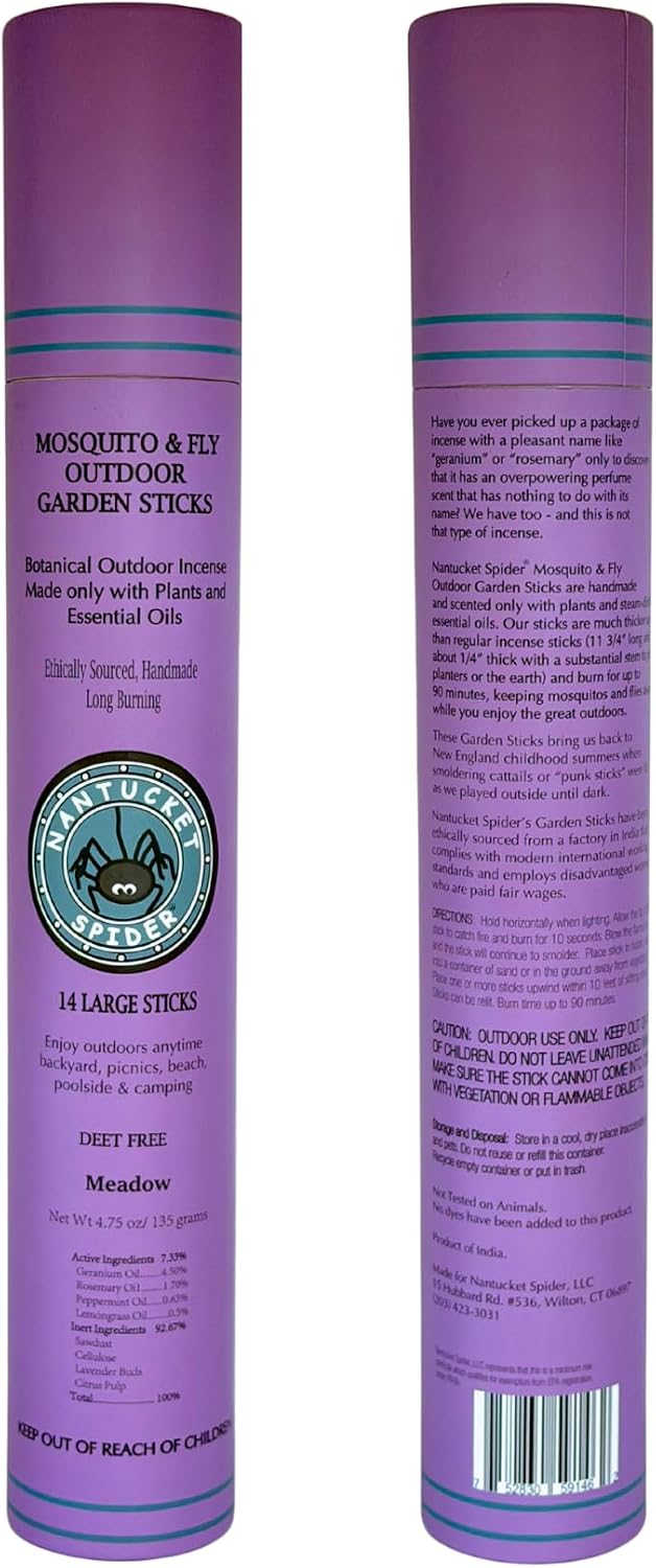 Nantucket Spider Garden Incense Sticks | Repellent for Mosquitos and Flies | Long Lasting with Pleasant Fragrance | Handmade Bamboo Based Sticks for Outdoor Use | Meadow - Pack of 14