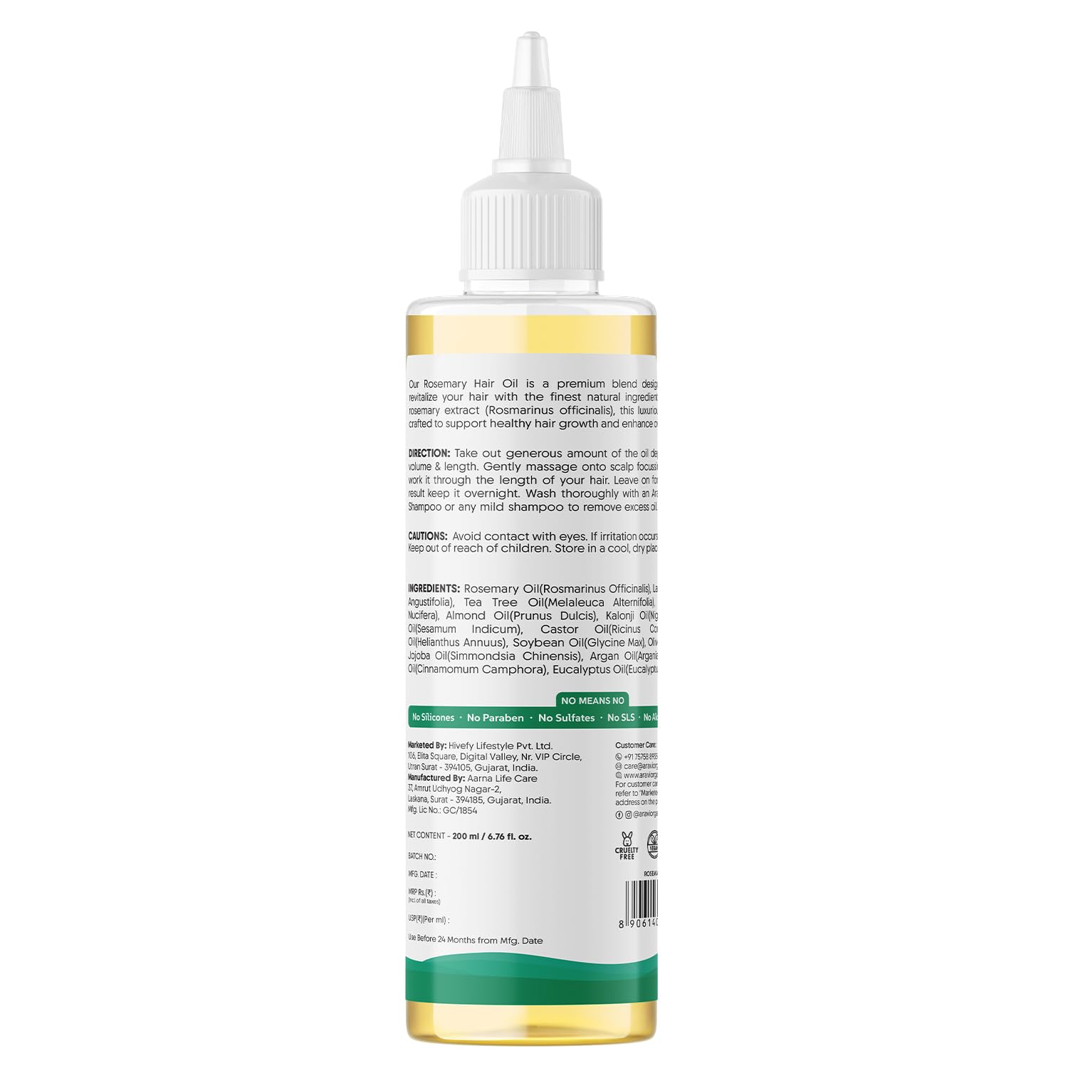 Aravi Organic Rosemary Lavender Hair Oil For Healthy Hair, Scalp, Hair Roots - 100% Pure & Natural - For Hair Growth & Hair Fall Control- 6.7 FL Oz / 200 ml