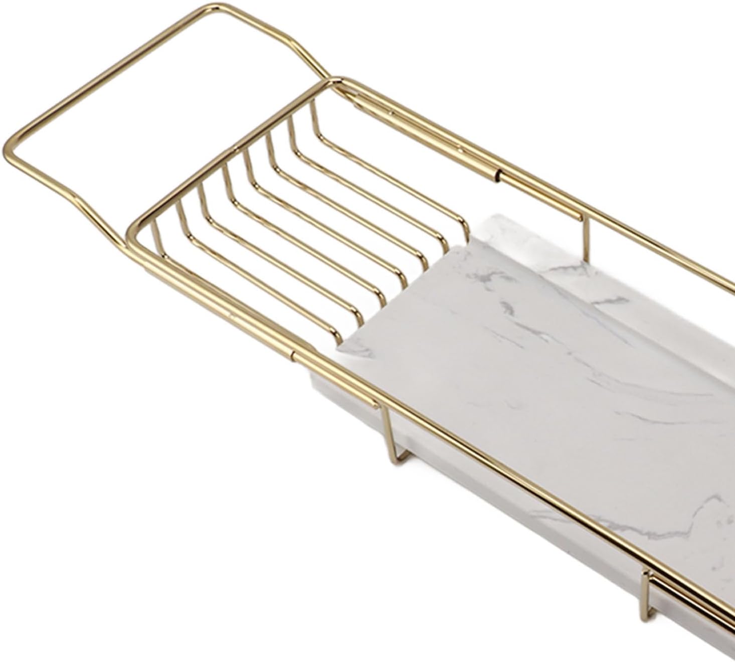 Marhynchus Metal Marble Bathtub Rack, Bathtub Caddy Tray Stainless Steel Shower Caddy Tray with Extending Sides, Bathroom Trays (Gold White)