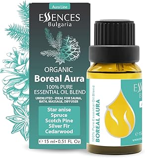 Essences Bulgaria Boreal Aura Organic Essential Oil Blend 0.5 Fl Oz | 15ml | Silver Fir, Scotch Pine, Norway Spruce, Star Anise, Cedarwood | Aromatherapy, Sauna & SPA | 100% Pure & Natural | Undiluted