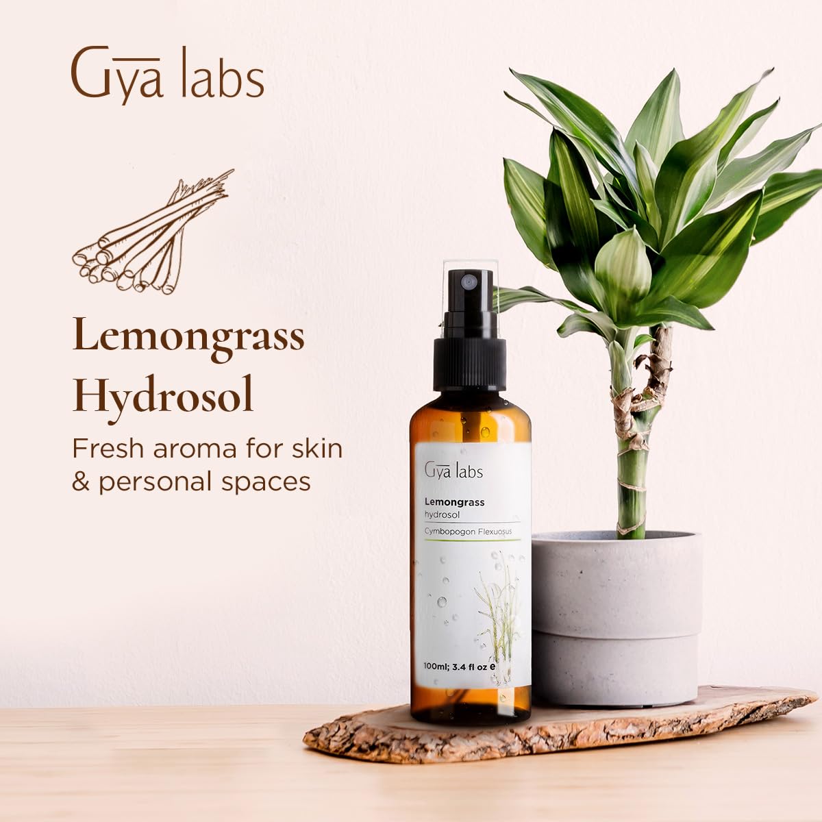 Gya Labs Lemongrass Hydrosol - 3.4 Fl Oz - Hydrating Face & Body Mist for Skin Toner & Hair Refresher - As Pillow, Room & Linen Spray for Fresh Scent