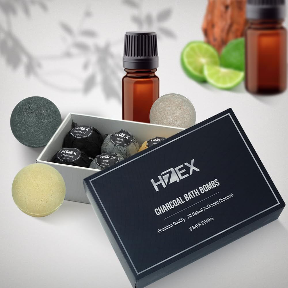 HZEX Charcoal Activated Bath Bombs for Men – Detox with Handmade Organic 6 Pack Bath Bomb Set, up to 3 Scents (Sandalwood, Bergamot, Ocean), Individually Wrapped (Mixed)