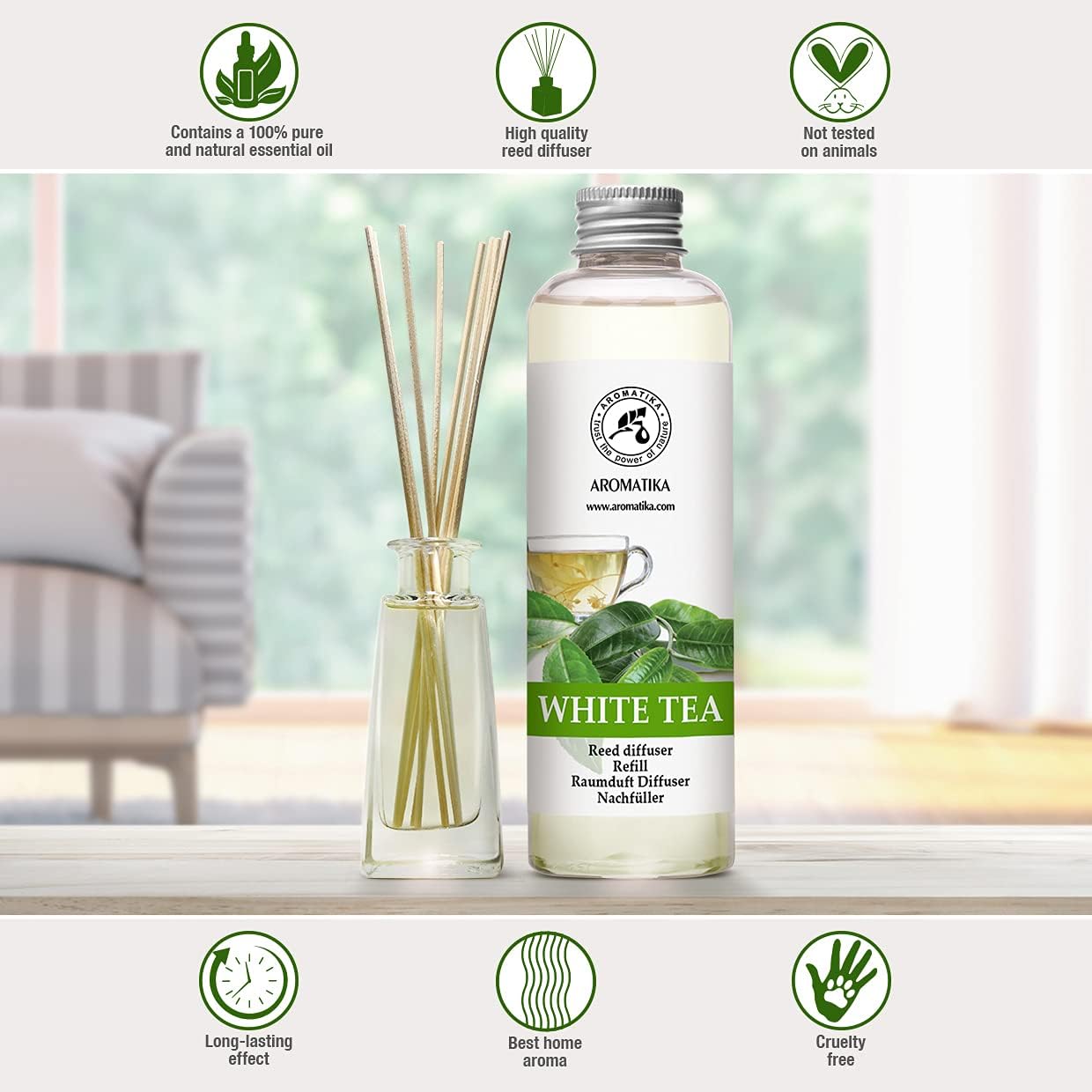 Refill Reed Diffuser White Tea 6.8 Fl Oz (200 ml) - with White Tea Essential Oil - Good Mood - Home Fragrance - Warm Scent - Air Freshener for Bathroom Bedroom Kitchen - Aromatherapy - Nice Smell