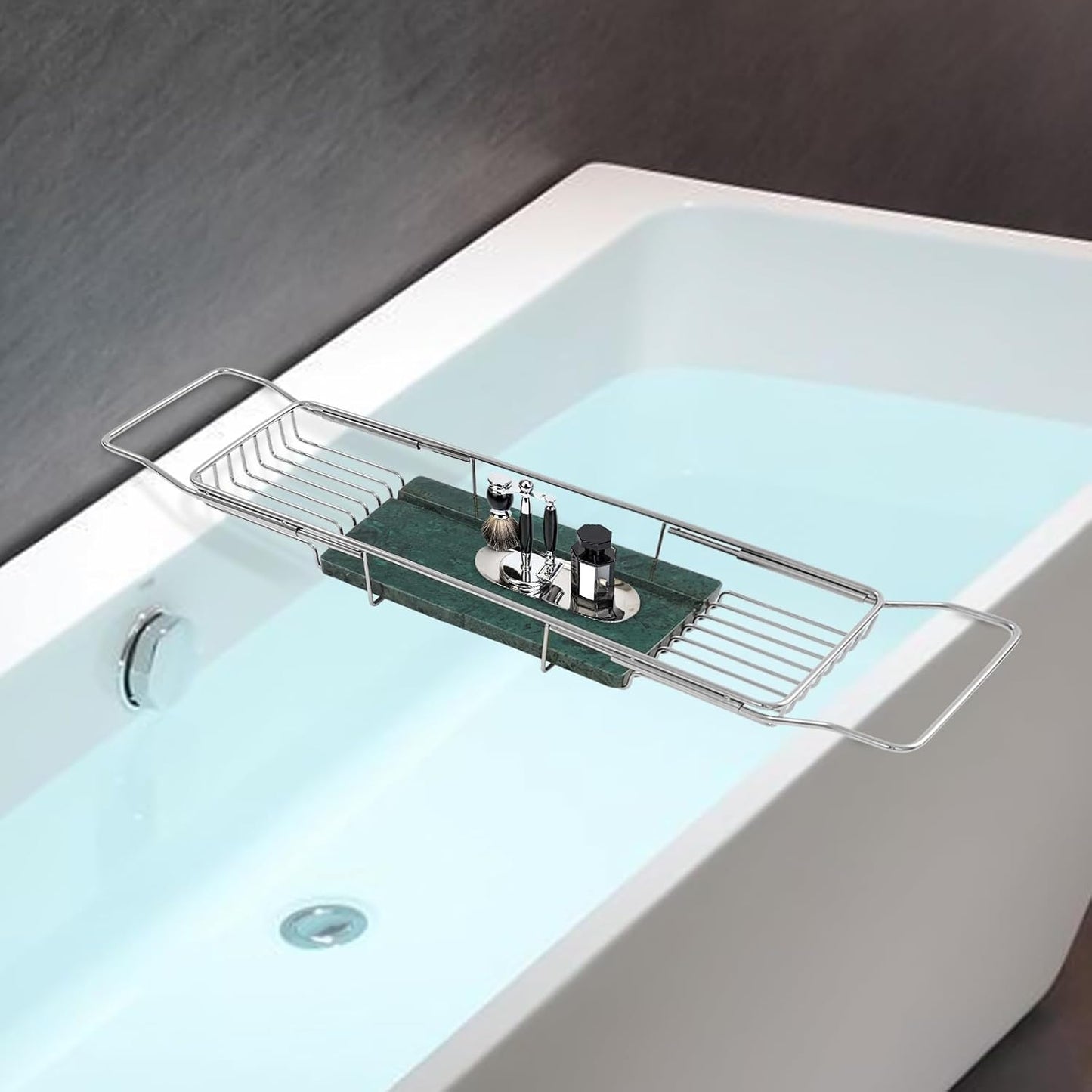 Bacocoo Bathtub Tray Caddy for Luxury Bath Expandable Extra Wide Bath Tub Tray with Natural Marble Tray and Mobile/Tablet Stand, Ideal for Home Spa Lovers. (Sliver+Green)