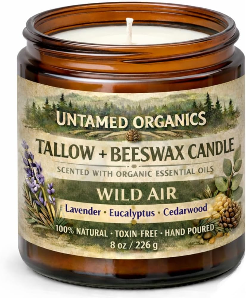 Untamed Organics Grass-Fed Tallow Candle, Essential Oil Scented (Lavender Eucalyptus Cedarwood), No Synthetic Fragrance, Non-Toxic, 100% Cotton Wick, Hand Poured, 8 oz Amber Glass Jar, 50+ Hr Burn