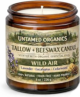 Untamed Organics Grass-Fed Tallow Candle, Essential Oil Scented (Lavender Eucalyptus Cedarwood), No Synthetic Fragrance, Non-Toxic, 100% Cotton Wick, Hand Poured, 8 oz Amber Glass Jar, 50+ Hr Burn