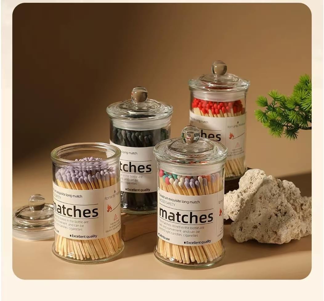 White Matches Included (150 Count 4"). Glass Match Holder with Strikers, Fireplace Matches for BBQ Grill, 150Pcs Long Wooden Safety Match for Candles