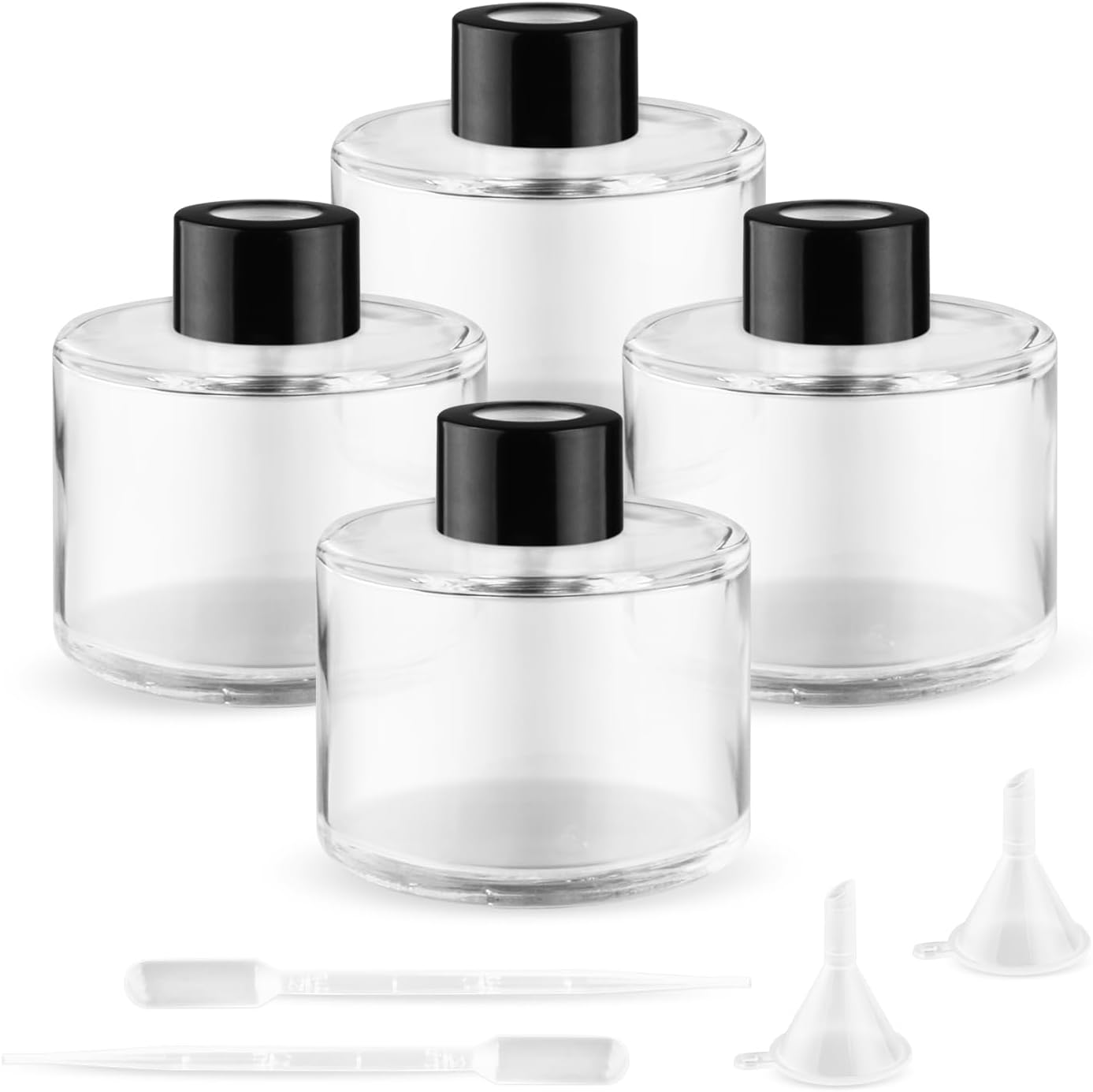 4Pcs 100ml Empty Reed Diffuser Bottles with Black Caps,Clear Round Glass Aromatherapy Bottles,Refillable Aromatic Diffusion Accessories for Perfume,Essential Oil,2 Pipettes,2 Funnels