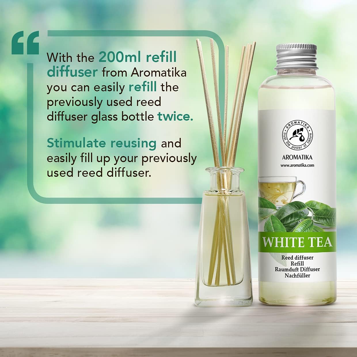 Refill Reed Diffuser White Tea 6.8 Fl Oz (200 ml) - with White Tea Essential Oil - Good Mood - Home Fragrance - Warm Scent - Air Freshener for Bathroom Bedroom Kitchen - Aromatherapy - Nice Smell