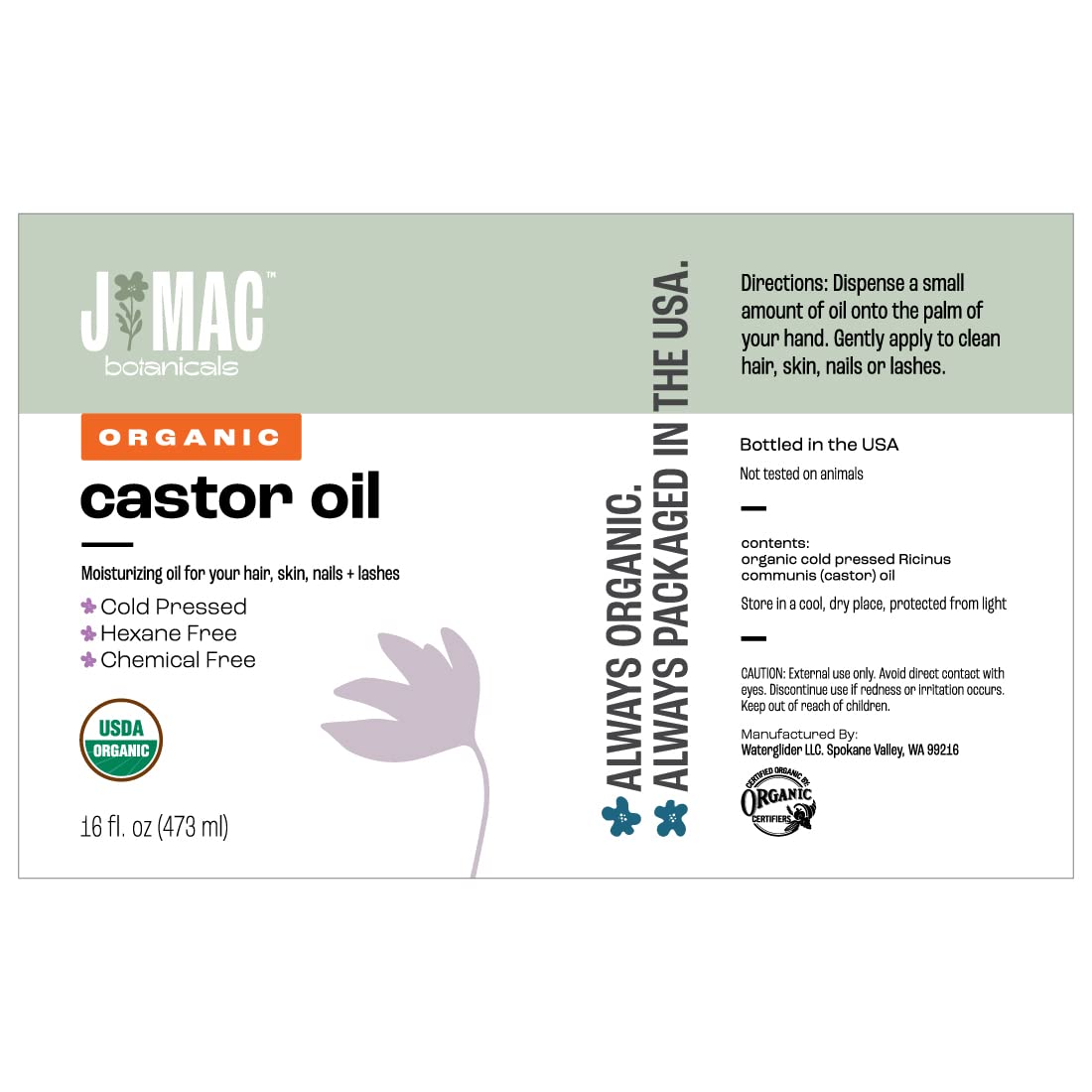 J MAC BOTANICALS Organic Castor Oil Cold Pressed in Amber Glass Bottle (16 oz) USDA Certified, Hexane Free - Moisturizing Oil for Hair, Skin, Face, Eyelashes, Brows, Nails, and Castor Wraps
