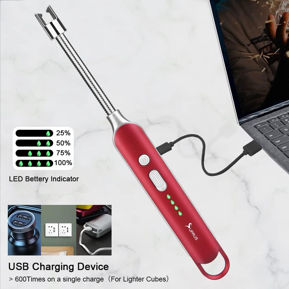 SUPRUS Electric Rechargeable Arc Lighter with LED Battery Display Long Flexible Neck USB Lighter for Candle Cooking (Red)