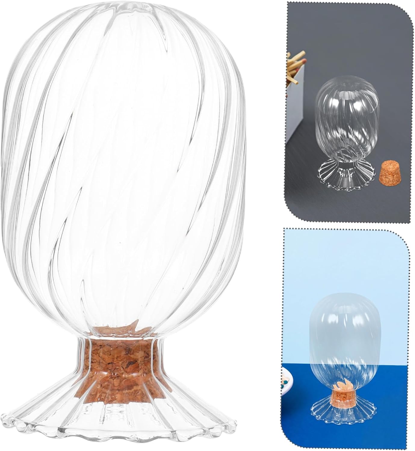 ULTECHNOVO Helix Shaped Matchstick Holder Transparent Glass Canister for Decorative Display for Fireplace Bathroom Cork Stopper Included Elegant Storage