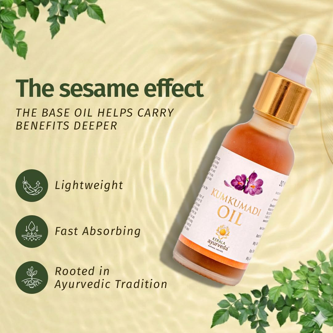 Kerala Ayurveda Kumkumadi Oil for Face | Brightening & Anti-Aging Serum for Glowing Skin | Saffron & Lotus Ayurvedic Face Oil | Reduces Dark Spots & Pigmentation | Lightweight & Non-Greasy | 1 Fl Oz