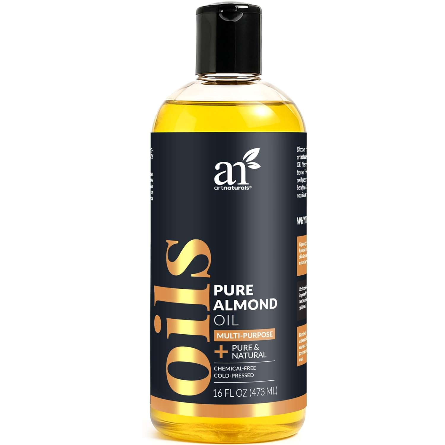 artnaturals Premium Sweet Almond Oil - (16 Fl Oz / 473ml) - 100% Natural & Pure – Therapeutic Grade Unrefined Carrier and Massage Oil – for Hair, Body and Skin or Diluting Aromatherapy Essential Oils