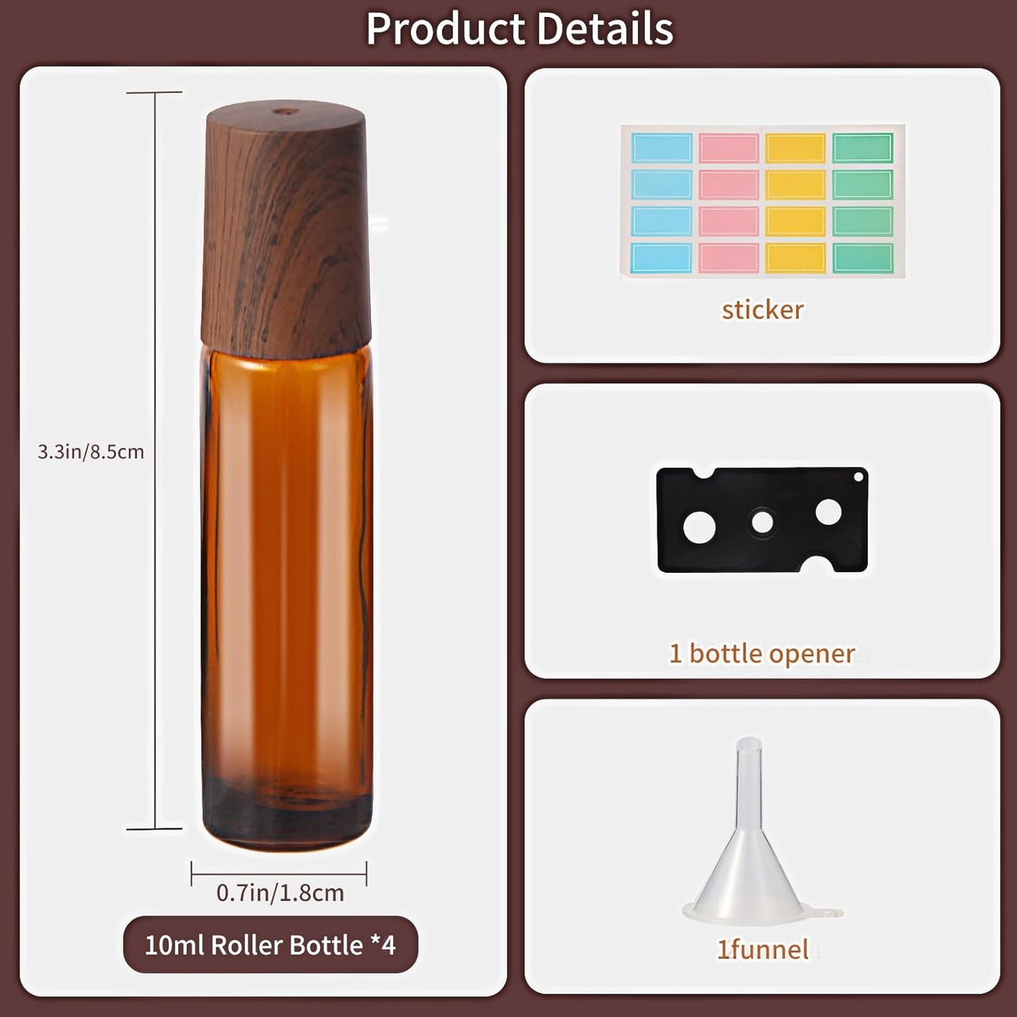 10ml Glass Roll-on Bottles – 4-Pcs Essential Oil Roller Bottles with Stainless Steel Roller-Balls, Perfect for Fragrance & Aromatherapy (Includes 1 Bottle Opener, 1 Sticker, and 1 Funnel)