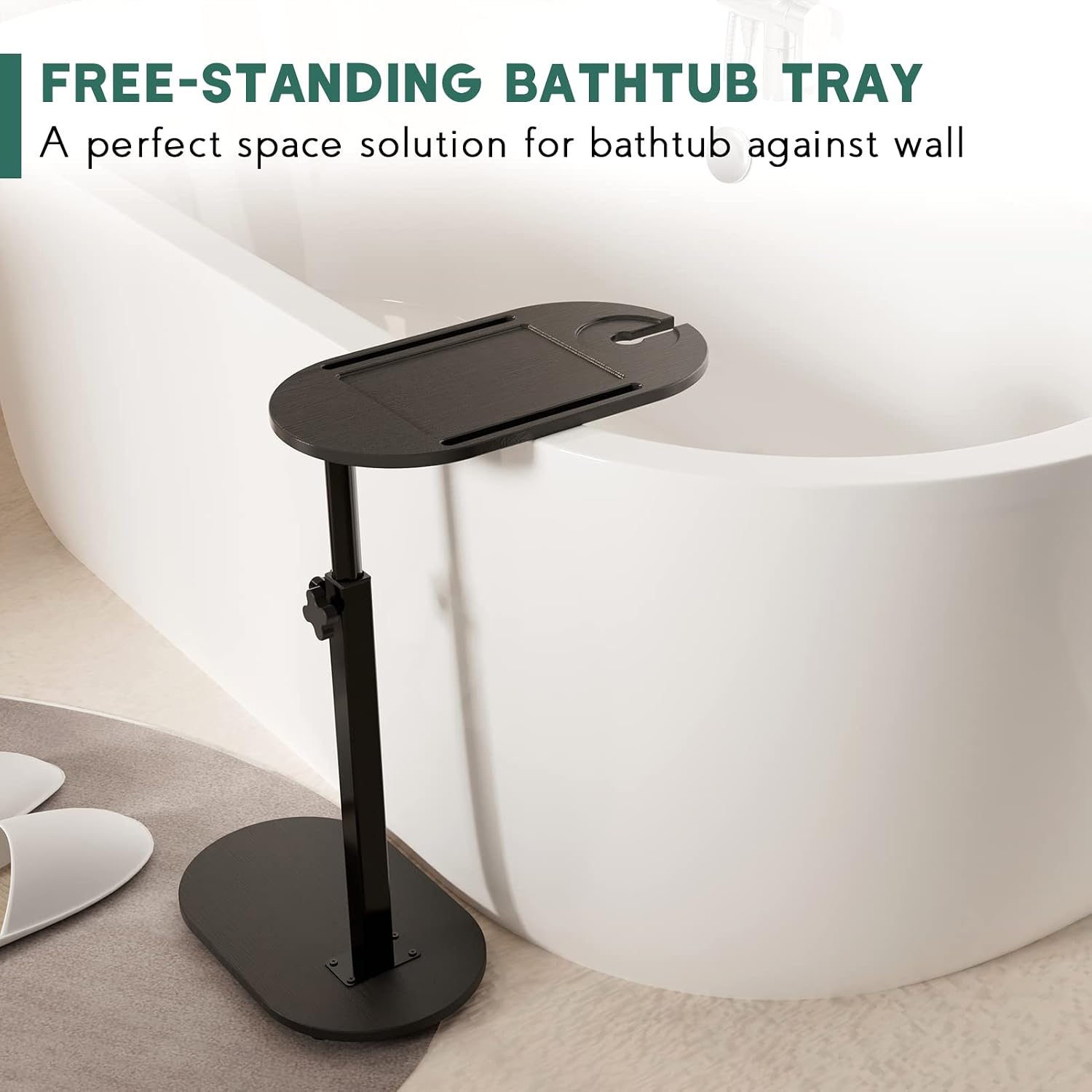 Yumkfoi Bamboo Bathtub Tray Table with Adjustable Height, Freestanding Bathtub Caddy for Tub Against Wall, Tub Organizer Suitable for Luxury Spa and House Warming - Patent Protected (Black)