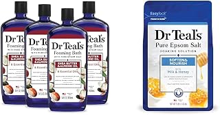 Dr Teal's Foaming Bath with Epsom Salt, Shea Butter & Almond, 34 fl oz (Pack of 4) + Dr Teal's Epsom Salt Soaking Solution, Milk and Honey, 48 Oz