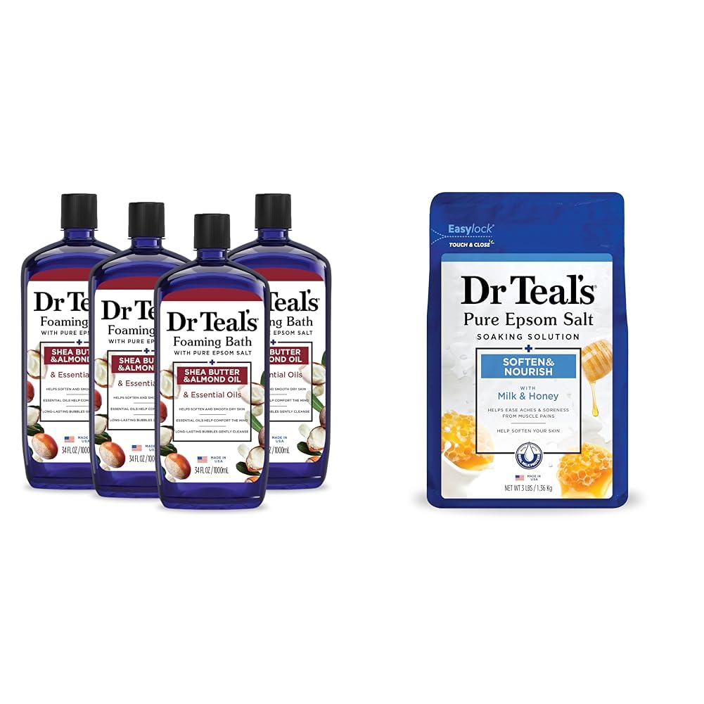 Dr Teal's Foaming Bath with Epsom Salt, Shea Butter & Almond, 34 fl oz (Pack of 4) + Dr Teal's Epsom Salt Soaking Solution, Milk and Honey, 48 Oz