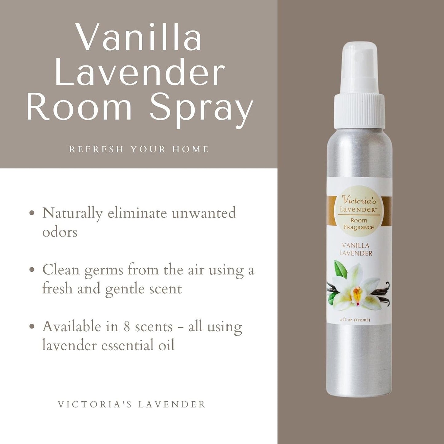 Victoria's Lavender Room Fragrance Spray - Air Freshener & Odor Eliminator - Vanilla Lavender Spray - Luxury Essential Oil Scent for Home & Bathroom - Aromatherapy Relaxation - 1 Pack, 4 fl oz