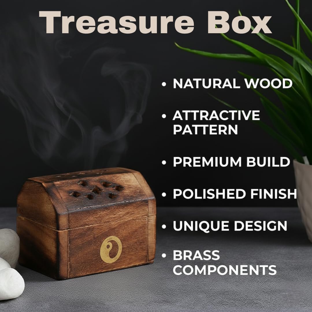 Bless-International Traditional-Handmade-Burner Wooden-Incense-Stick-Holder Ash-Catcher-Stand for-Aromatherapy-Meditation-Yoga (Treasure Box Wooden Charcoal/Cone)