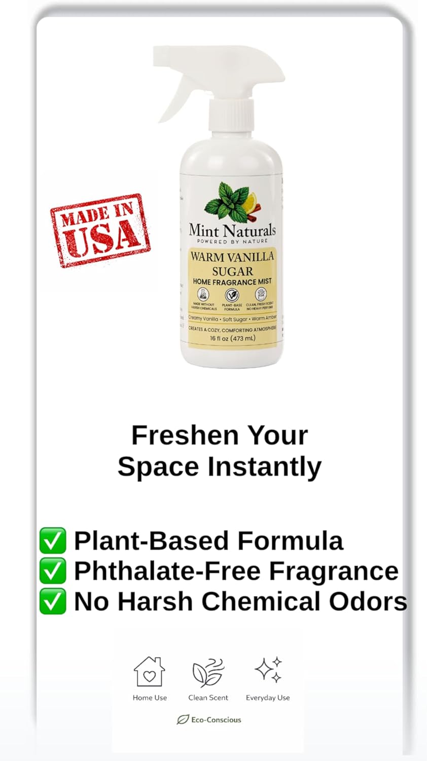 Natural Vanilla Room Spray & Odor Eliminator - Warm Sugar Scent 16oz | Cozy Vanilla Sugar Fragrance Mist, Plant-Based, Non-Toxic, Home Office Car Bathroom, Made in USA by Mint Naturals