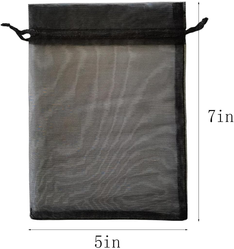 Pack of 100 Organza Gift Bags 5x7 Inch Black Drawstring for Baby Shower,Christmas,Birthday,Party Favor,Rustic Wedding,Holiday Sheer Fabric Recycled Sachet for Jewelry,Dried Lavender Flowers