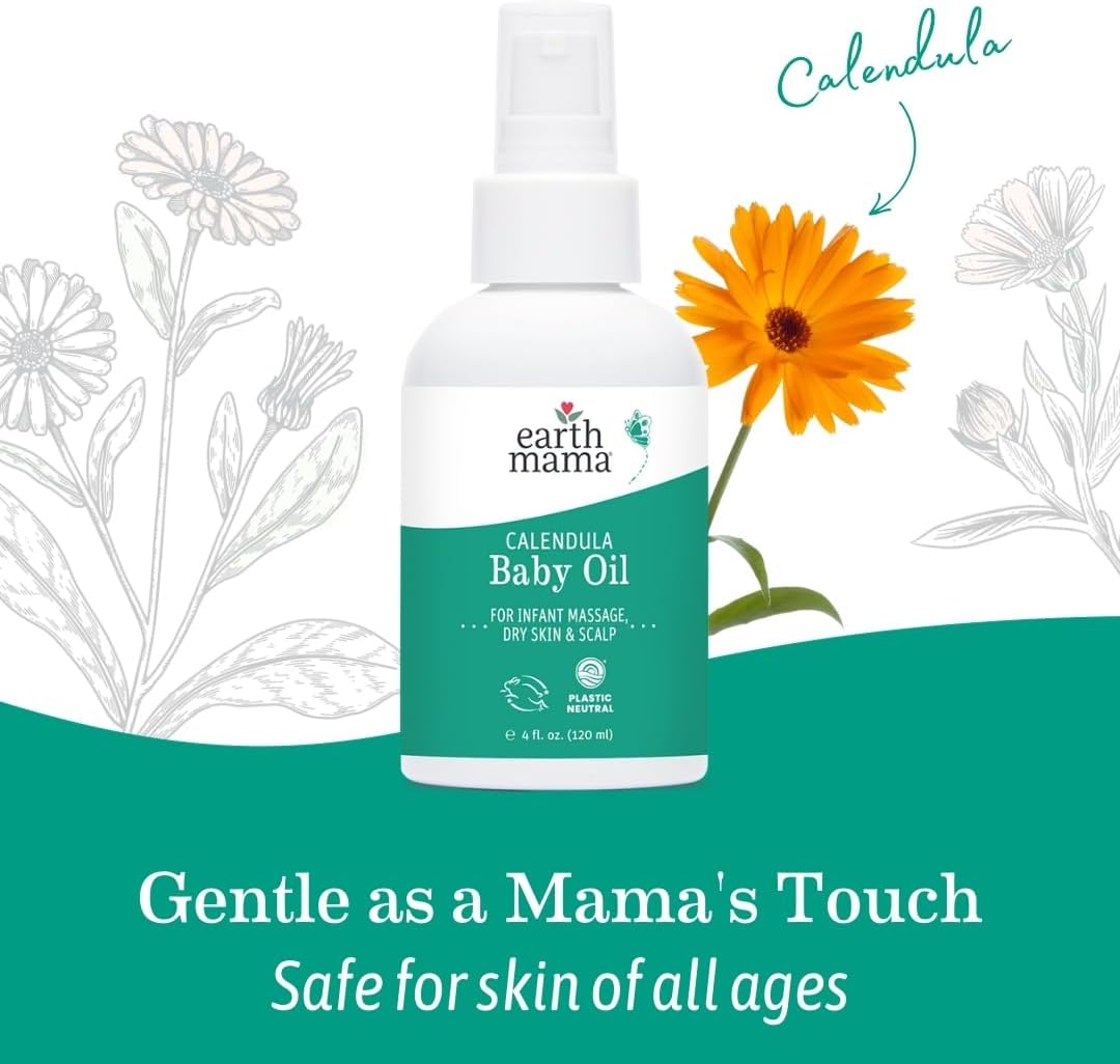 Earth Mama Calendula Baby Oil - Body and Massage Oil for Newborns and Infants - 4 fl oz - Fragrance-Free - Dry Skin & Scalp Moisturizer