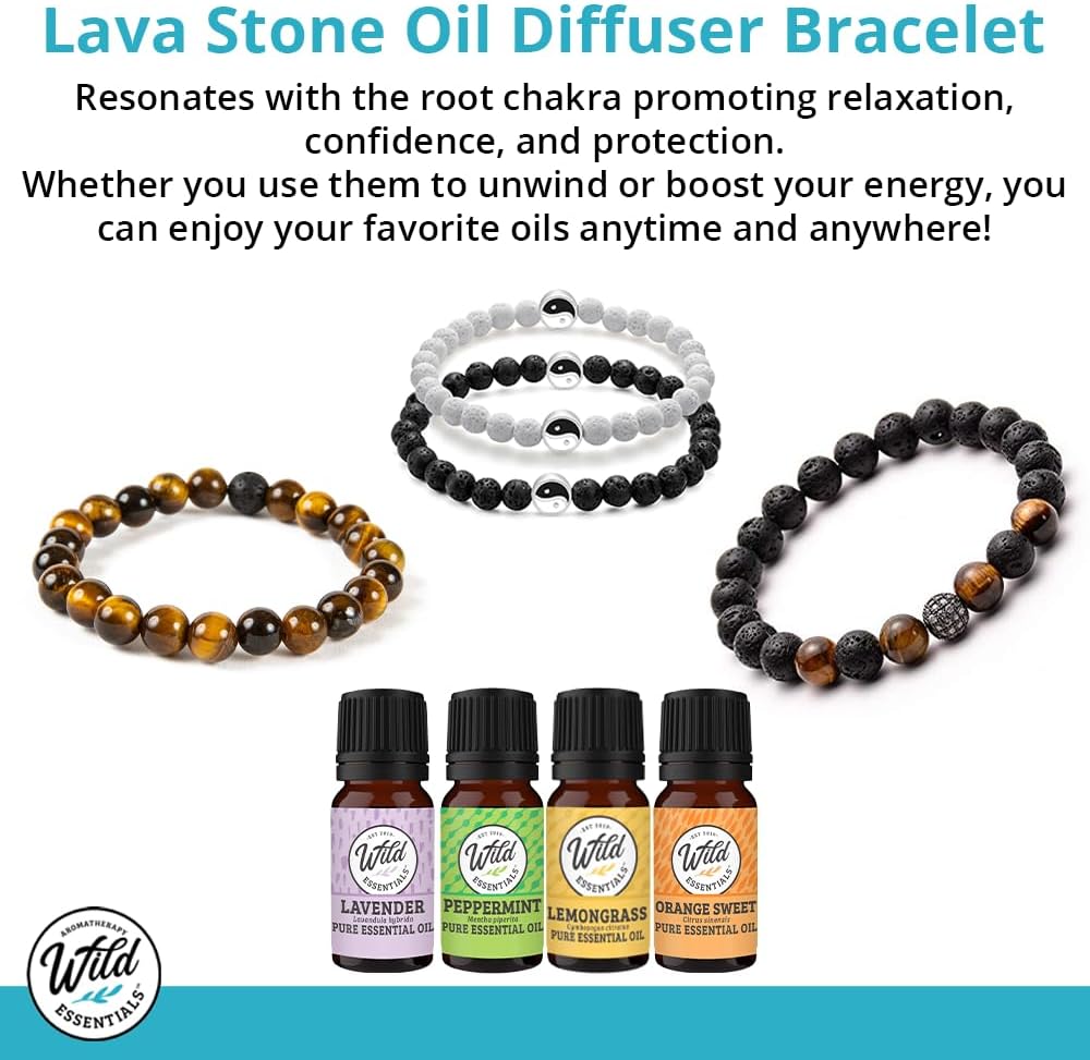 Wild Essentials 7 Chakras Lava Stone Essential Oil Diffuser Bracelet, Adjustable, Aromatherapy Jewelry Gift Set and 100% Pure Oils (Lavender, Lemongrass, Orange and Peppermint)