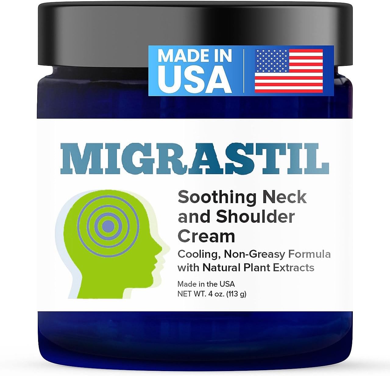 Basic Vigor Migrastil Neck & Shoulder Cream. Cooling Comfort for Migraines, Tech Neck & Tension. (4 oz.) Made in The USA.