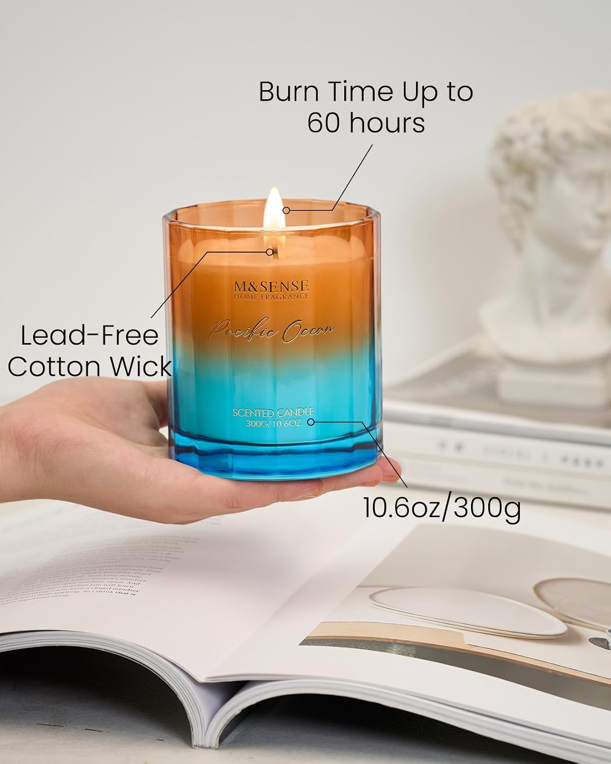 M&SENSE Summer Ocean Scented Candles for Home, 10.6oz Natural Soy Wax, 60-Hour Clean Non Toxic Aromatherapy Candle, Marine Breeze Smelling for Housewarming Gifts