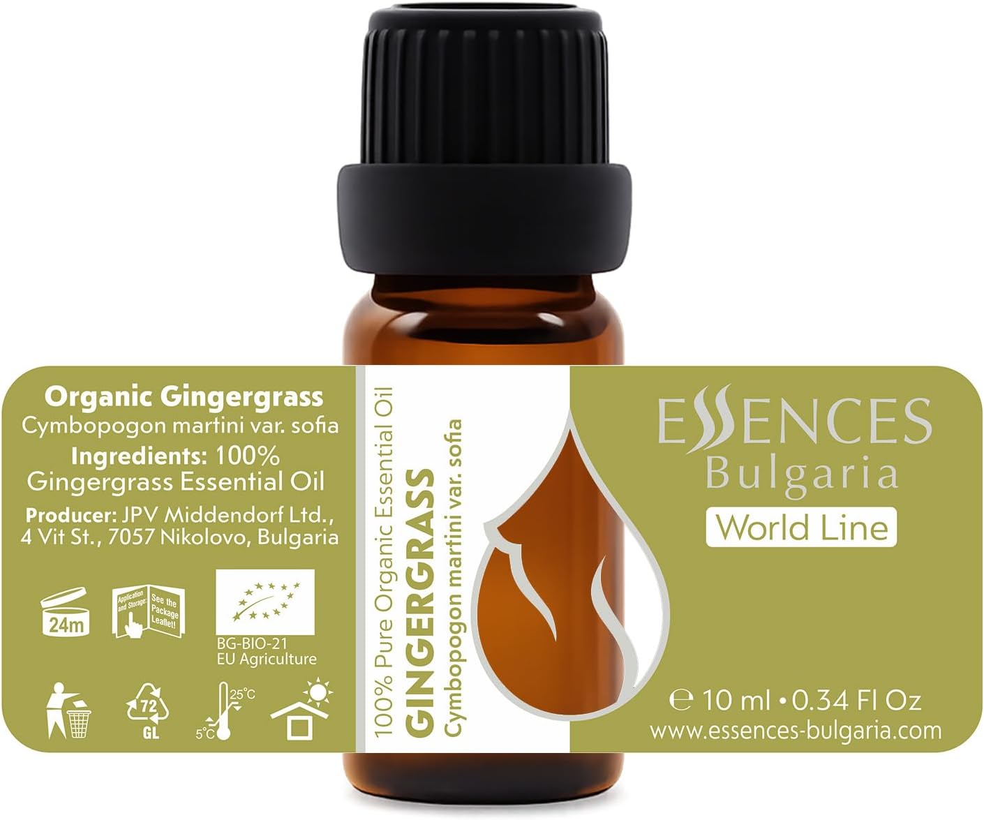 Essences Bulgaria Organic Gingergrass Essential Oil 0.34 Fl Oz | 10ml | Cymbopogon Martini VAR. Sofia | 100% Pure and Natural | Undiluted | Therapeutic Grade | Aromatherapy | Cosmetics | Cruelty Free