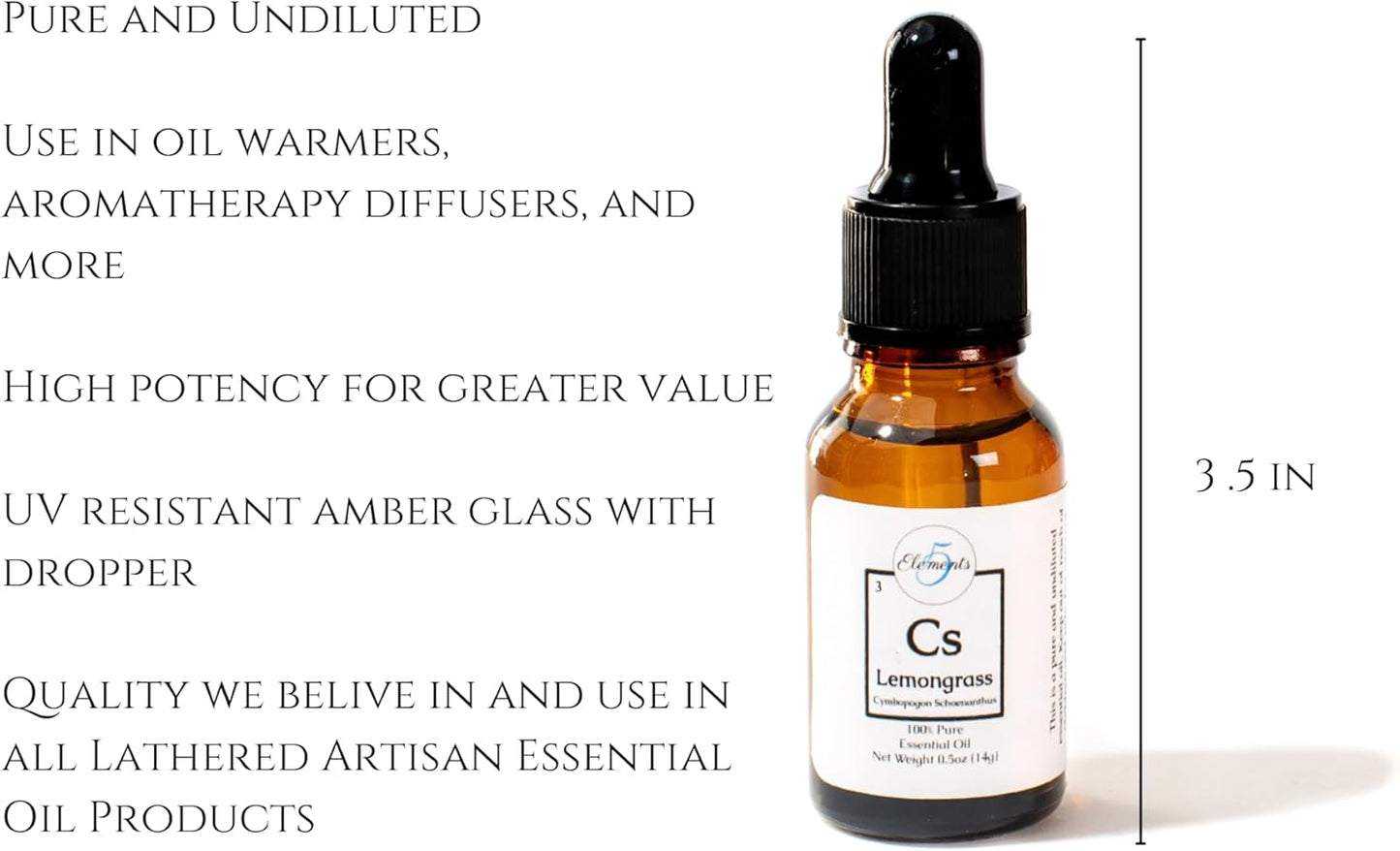 100% Lemongrass Essential Oil - Cymbopogon Schoenanthus - Pure and Natural Botanical Oils by 5 Elements Essential Oils - for use in Aromatherapy, Diffusers, Oil Burners - Home Fragrance (Lemongrass)