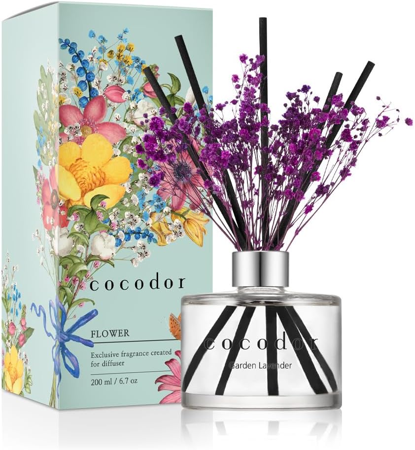 COCODOR Flower Reed Diffuser Set / 6.7oz / Garden Lavender/Scent Diffuser with Sticks Home Fragrance Oil Reed Diffuser for