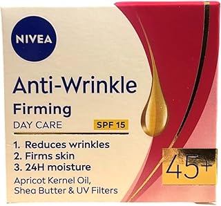 NIVEA Anti-Wrinkle + Firming 45+ Day Cream Bundle of 2 – Hydrating Moisturizer for Mature Skin with Apricot Kernel Oil & Shea Butter, Helps Improve Firmness and Smoothness, 50 ml Each (Total 100 ml)