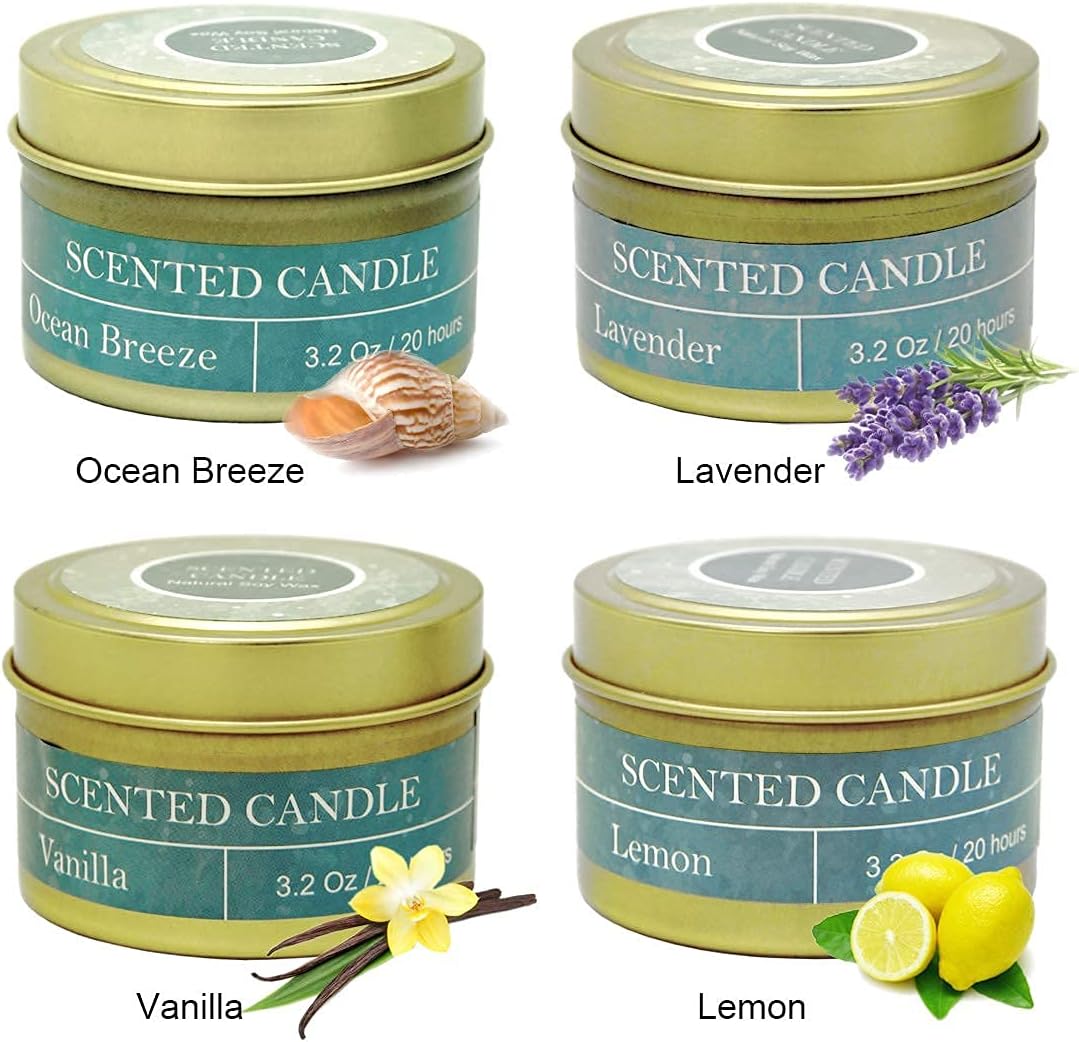 DEYBBY Natural Soy Wax Scented Candles 4 Pack 4oz Gift Set-Lavender, Vanilla, Lemon, Ocean Breeze Aromatherapy | 20 Hours Long Lasting Burning Travel Tin Candles for Stress Relief Relaxation BathYoga