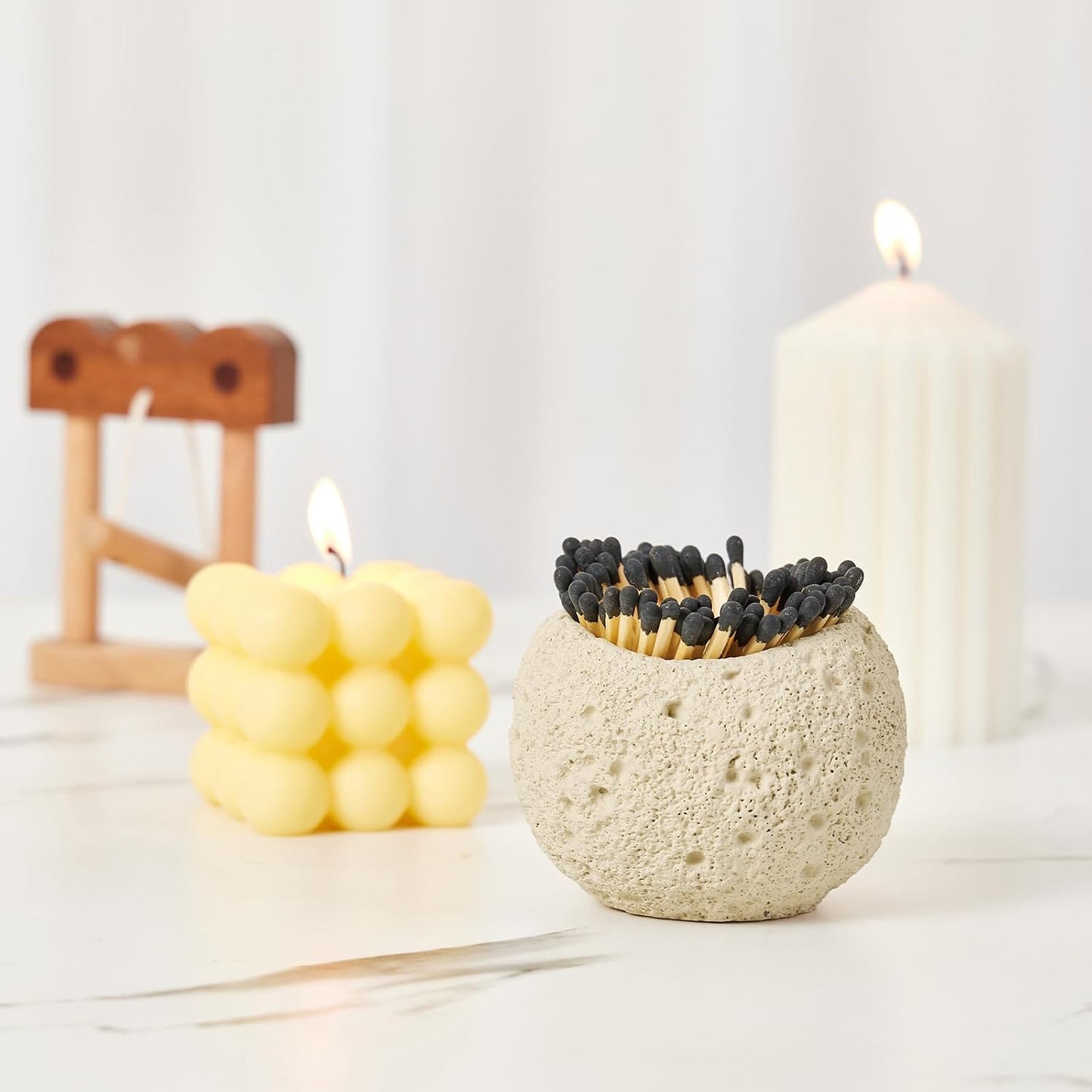Concrete Match Holder with Striker Modern Sculpted Matchstick Cup for Long Candle Matches Decorative Concrete Match Jar for Fireplace Home Decor - Matches Not Included (Oval)