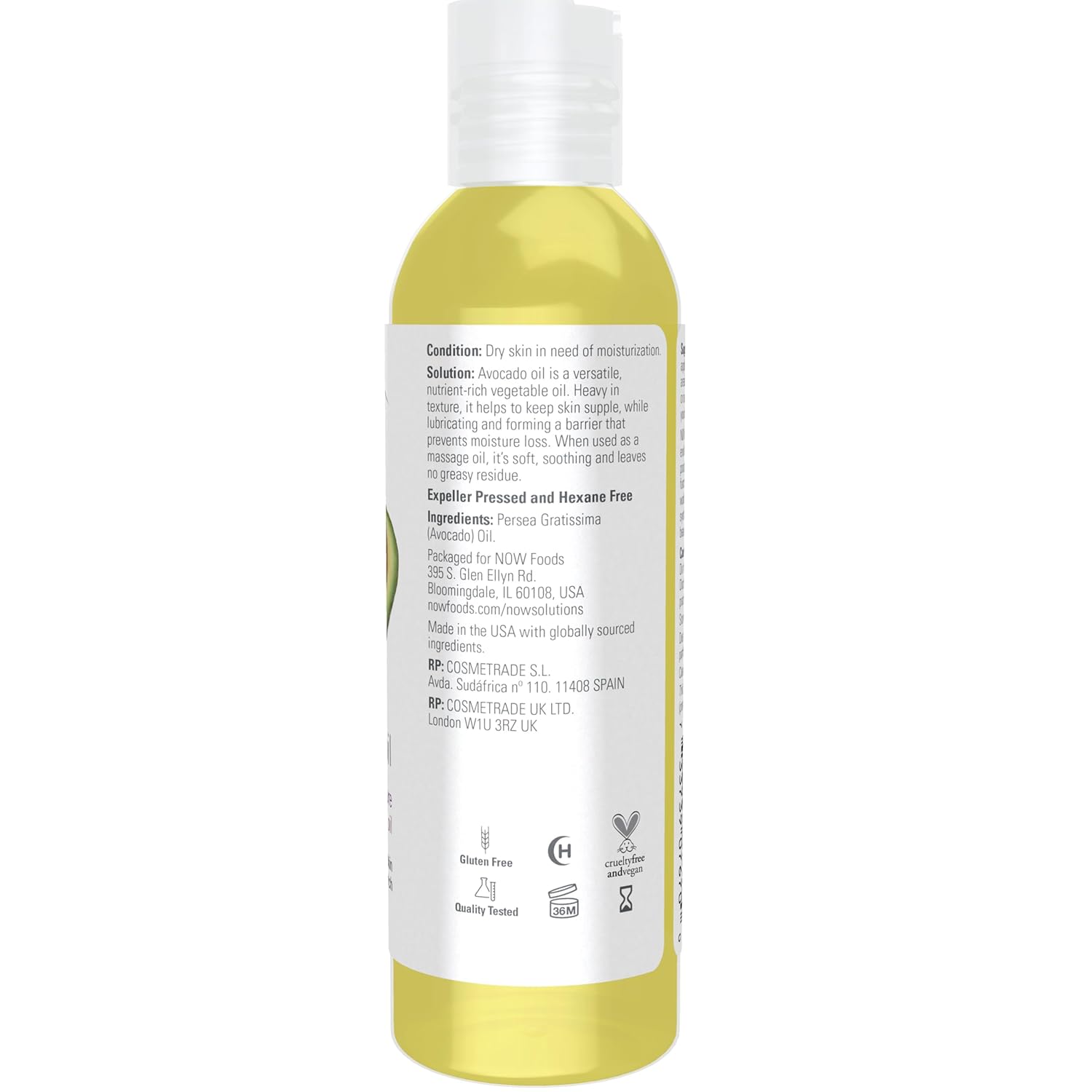 NOW Foods Solutions, Avocado Oil, 100% Pure Moisturizing Oil, Nutrient Rich and Hydrating, 4-Ounce