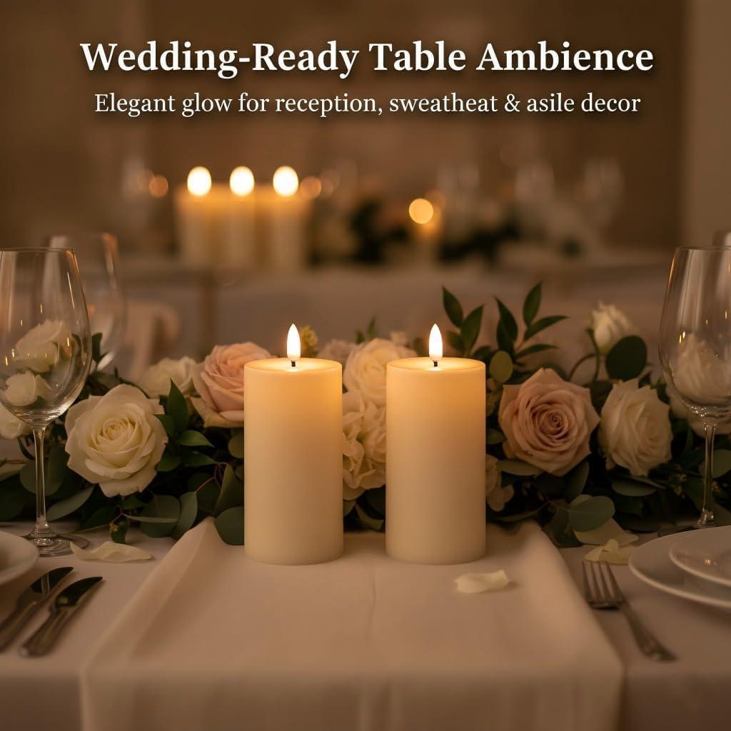 ANGELLOONG Flameless Pillar Candles with Timer, 2 Pack 3 x 6 Inch Waterproof Battery Operated Flickering LED Candle for Outdoor Wedding Table Decor